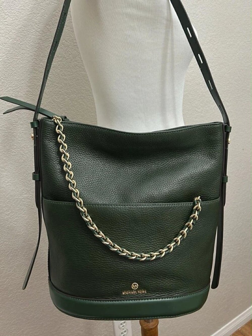 Michael Kors Dark Green Reese Leather Bucket Shoulder / Crossbody Bag
